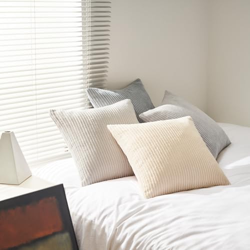 Image of Topfinel 4 Packs Neutral Decorative Throw Pillows Covers 26x26 Inch for Living Room Couch Bed Sofa, Rustic Farmhouse Boho Neutral Home Decor, Soft Plush Striped Corduroy Square Cushion Case 65x65 cm