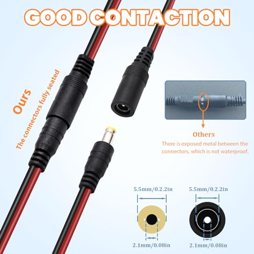 10 Pairs (Real 18AWG) 12V 5A DC Power Pigtail Barrel Plug Connector Cable,5.5mm x 2.1mm Male Female DC Pigtail Connectors Surveillance Camera Cables for CCTV Security Camera O-116 - Image 6