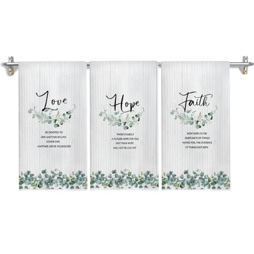 GOOZHO Faith Hope Love Christian Kitchen Towels, Sage Green Eucalyptus Religious Hand Towels for Bathroom Decor, Bible Verse Decor Dish Tea Towels for Kitchen Decor, 16x24 Inch Set of 3