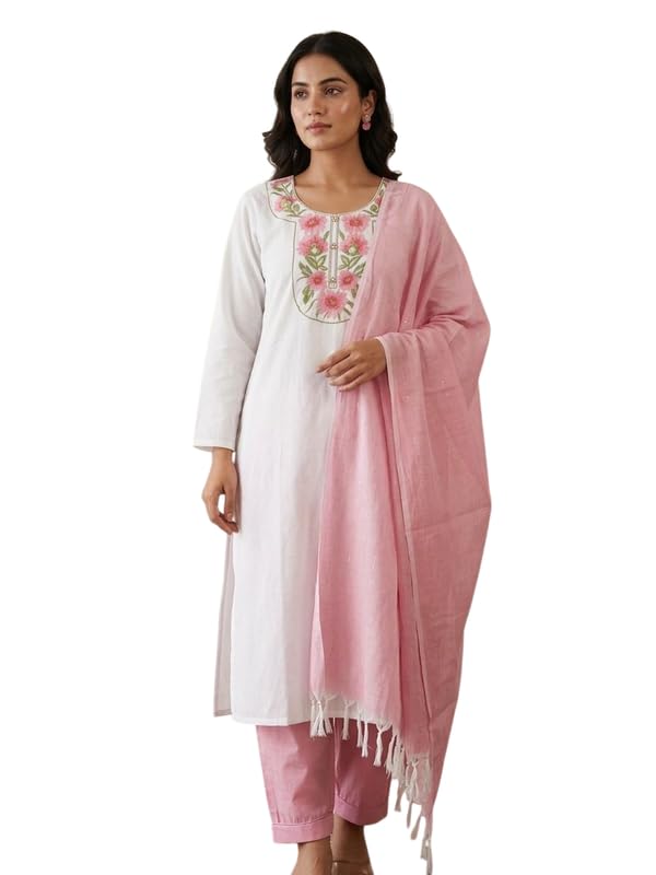 Women’s South Cotton Embroidery Work Kurta with Pant and Dupatta Set | Salwar Suit Set (IN, Alpha, XL, Regular, WHITE) Women’s South Cotton Embroidery Work Kurta with Pant and Dupatta Set | Salwar Suit Set (IN, Alpha, XL, Regular, WHITE)