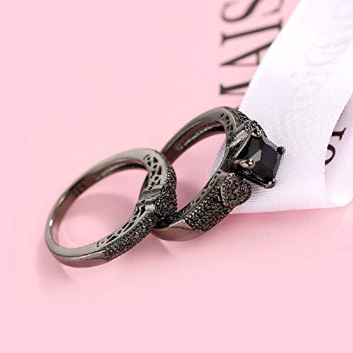 WANGYUSHENG Women's Black Onyx Princess Cut & Black Gold Filled Heart Shape Anniversary Wedding Bridal Ring Set (US Size 6) 5