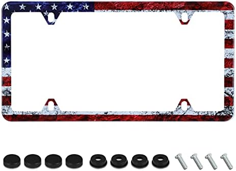 Vintage American Flag License Plate Frame Patriotic USA Flag License Plate Holder Stainless Steel Rust-Proof Auto Parts Decoration with Screws for Men Women License Plate Cover 4 Holes 1pcs