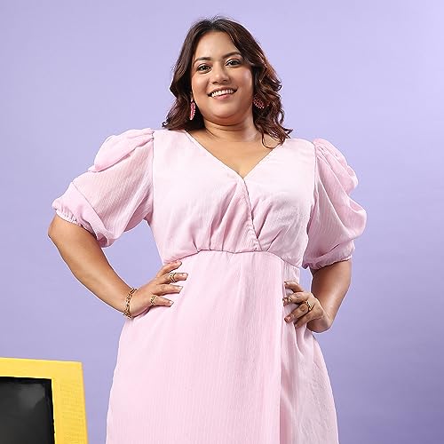 Image of Instafab Plus Women's Baby Pink Petal Hem Dress for Casual Wear | Puff Sleeve | Polyester Fabric | V-Neck Dress Crafted with Comfort Fit for Everyday Wear