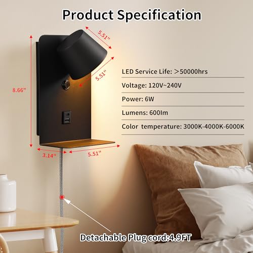 Image of DEC LUCE DECOLUCE LIGHTING Modern LED Plug in Wall Sconce, Dimmable Wireless Wall Light Fixtures with Shelf and USB Port, 6W,600LM, Rotatable Small Reading Wall Lamp for Bedroom Bedside, Black