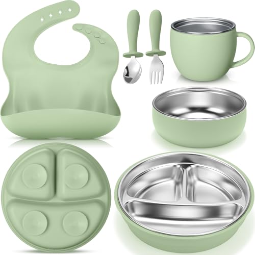 Image of Nuogo 6 Pcs 304 Stainless Steel Kids Plates and Bowls Set Stainless Steel Suction Bowls and Toddler Cup with Removable Silicone, Forks Spoons Pocket Bib for Baby Toddle(Green,Round)