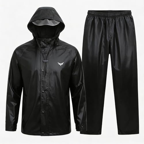 Image of XTRIM Raincoat, Waterproof Jacket with Hood, Zipper, Snap Button, Black | Pants with Elastic Waist, Pocket, Reflective Trim for Biking & Travelling