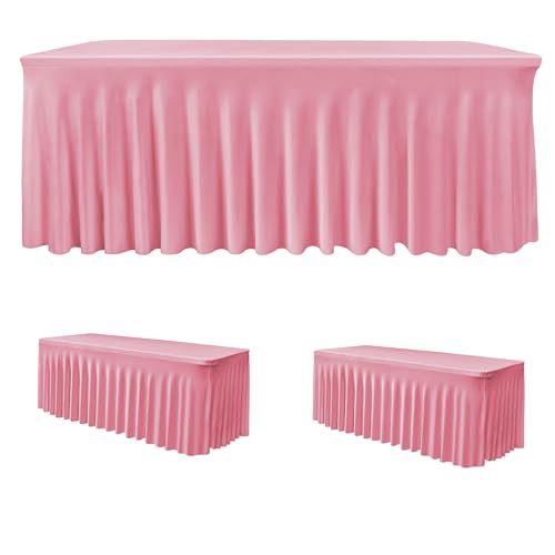 Image of HolidayIdeas 2 Pack Spandex Table Skirts for 4 ft Folding Table, Stretch Rectangle Tablecloth for Wedding, Banquets, Parties, Pink, 24x48