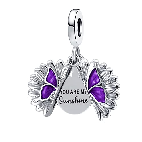 Inspirational Sunflower Butterfly Locket Charm You are My Sunshine Bead for Pandora Bracelet Mom Gift Pink
