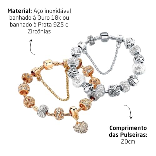Conjunto Feminino de Pulseiras com Berloques Ouro e Prata - Cordis + Bolsa de Veludo
