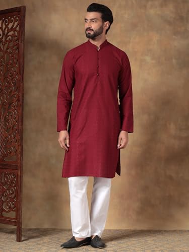 Image of Men's Solid Regular Fit Ethnic Wear White Kurta Pajama Set with Front Pocket
