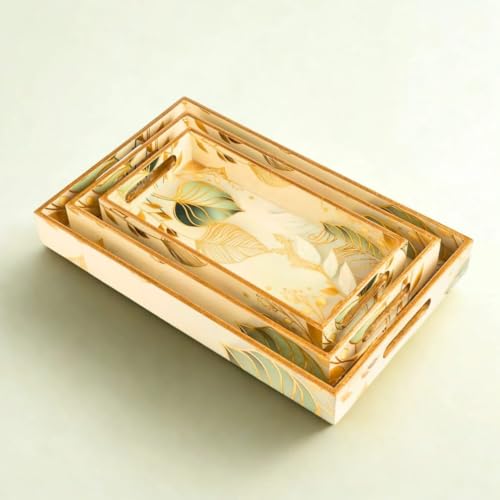 Image of Wooden Serving Tray | Sizes: 16 x 10 inches, 14 x 8 inches, 12 x 6 inches | Enamel Coated Waterproof | Rectangular | Tray for Decoration | Premium| Green Leaf Tray Set | Set of 3