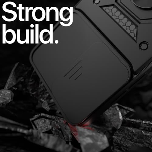 Image of Pikkme Back Cover for Motorola Moto G34 / G45 5G | 360 Protection Case | Sliding Camera Shield Cover & Ring Holder Stand D10 Tough Armor Bumper Case (Black)