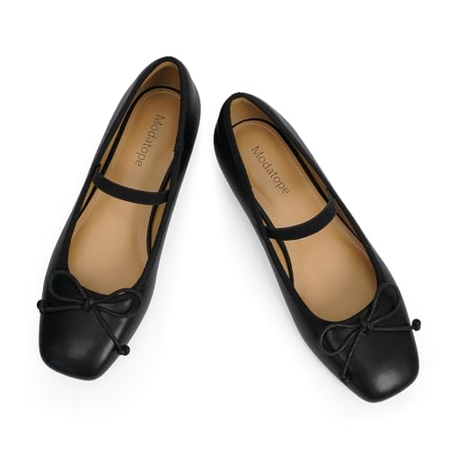 Modatope Mary Jane Shoes Women Black Flats with Strap Bow Bowknot Closed Square Toe Ballet Ballerina Flats Women's Dress Shoes Size 7.5