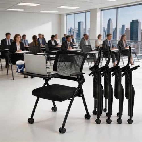 Image of Folding Training Chairs with Desk Attached, Office Meeting Chair with Writing Tablet & Cup Holder, Space-Saving Nesting Stackable Chairs with wheel for Conference Room,Seminar, Classroom Cha