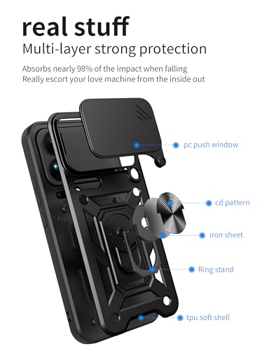 Image of Shockproof Back Case Cover for Honor 600 Pro 5G, Shockproof Honor 600 Pro Back Cover, Ring Case with Kickstand and Camera Protection Shutter - Black