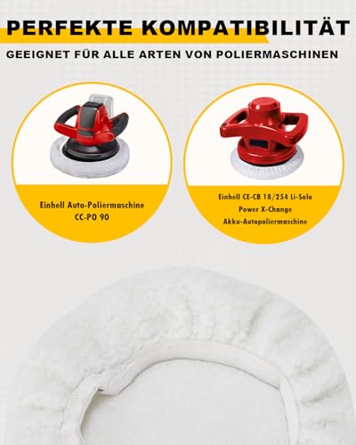 Haliya 5er Set Lammwoll-Polierhauben für Einhell Poliermaschine Akku CE-CB 18/254 Li, CC-PO 90, Polierpads für 220-250mm Poliermaschinen