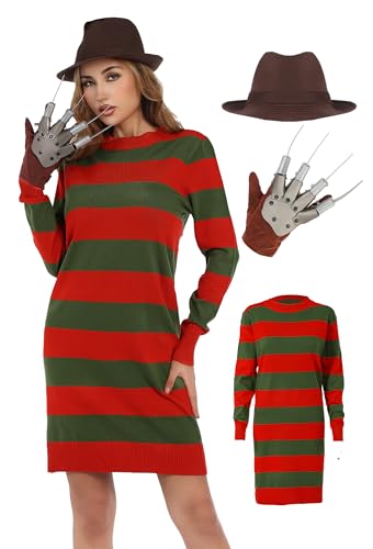 Halloween Scary Costumes for Women Long Sleeve Knitted Sweater Dress with Brown Hat and Claw Gloves Set for Cosplay Horror Theme Parties(M)