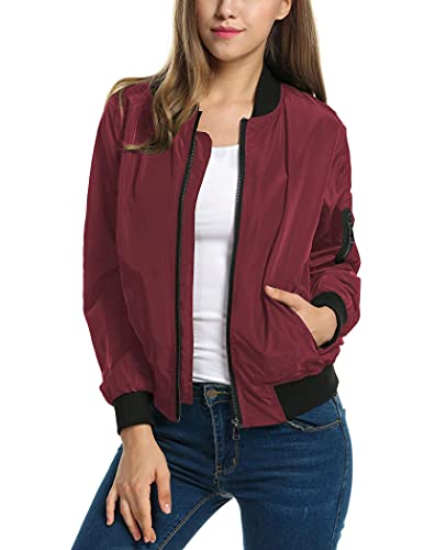 Zeagoo Women Fashion Bomber Jacket Zip Up Casual Outwear with Pocket Wine Red XXL