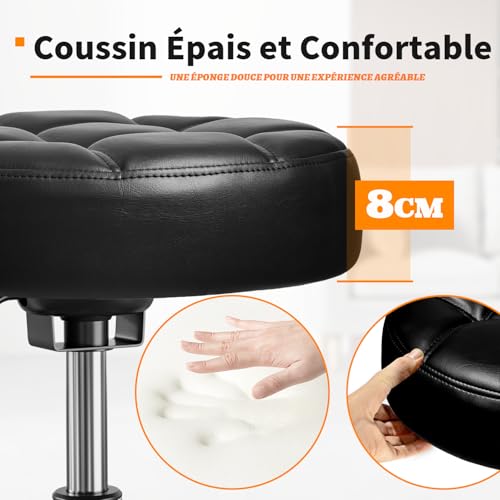 Tabouret roulettes robuste avec assise rembourrée et socle métal