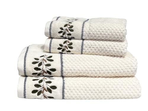 Image of SENSES By Riba Cotton Embroidered Towel Set, 550 GSM Soft & Absorbent, Antimicrobial, Oeko-Tex Certified | Ideal for Home & Gifting, Pack of 4 (2 Bath 27 inchX50 inch + 2 Hand Towels 16 inchX26 inch) - Style 19