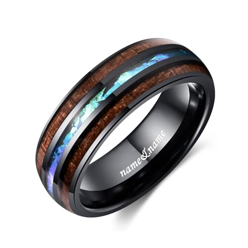 Engraved Rings Personalized 8mm Black Full - Polished Acacia Wood + Abalone Shell Tungsten Wedding Rings for Men Fit Size 7-142