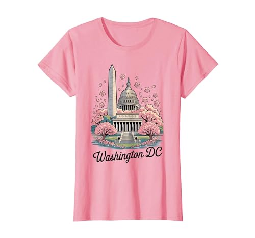 Washington DC Cherry Blossoms Landmark Art Souvenir T-Shirt, Women, Pink, 3X-Large