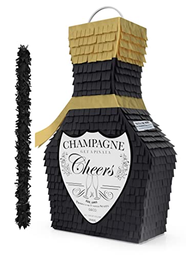 Black and Gold Champagne Piñata with Stick 17”X10”X5” great for 21st Birthday, Decorations, Graduation, New Years & Wedding Props. Fits party favors - Thumbnail 3