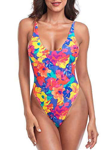 Relleciga Women's Colorful Floral High Cut Low Back One Piece Thong Swimsuit For Women Size Medium #TOP13