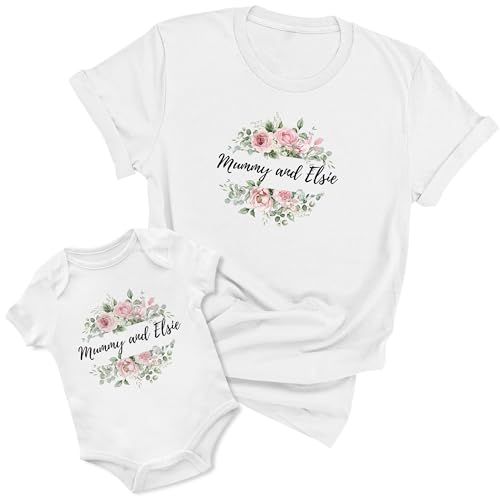 Purple Print House Personalised Mummy and Daughter Floral Wreath Matching T Shirt Babygrow Set Mothers Day Twinning Outfit, 0-3 Months, White