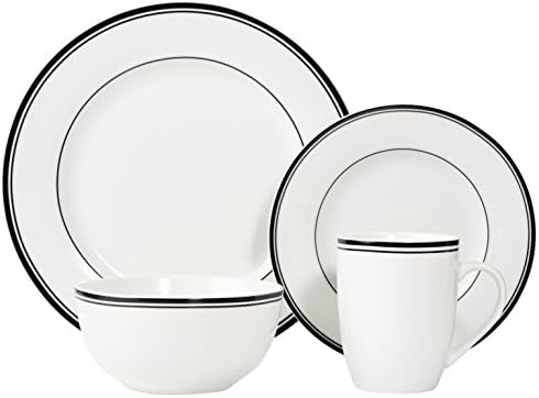 Amazon Basics Cafe Stripe Dinnerware Set with 16-Pieces - Black
