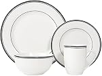 Amazon Basics 16-Piece Cafe Stripe Dinnerware Set, Plates, Bowls, Mugs, Service for 4, Black