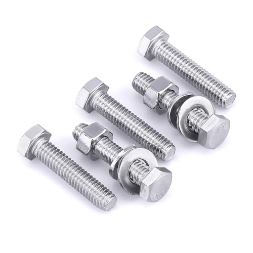 Image of (6 Sets) 3 /8-16 x 2 Hex Bolt and Nut Kit, 304 Stainless Steel (18-8), Fully Threaded, Flat & Lock Washers Included