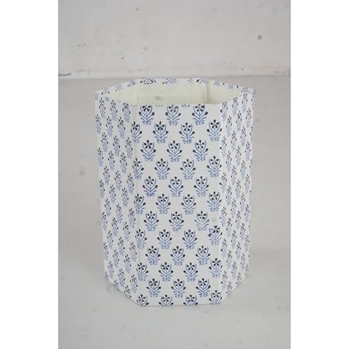 Image of Floral Hand Block Printed 3.3 Gallon Decorative Waste Basket - Eco-Friendly Cardboard Trash Can, Plastic-Free & Sustainable, Perfect for Christmas and Housewarming Gifts (1, Blue Balck DOT)