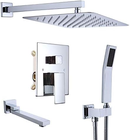 DoBrass Tub Shower Faucet Set Complete with Anti-Scald Valve, Rainfall Shower System with 12-inch Shower head, Handheld Shower and Tub Spout, Wall Mounted, Polished Chrome