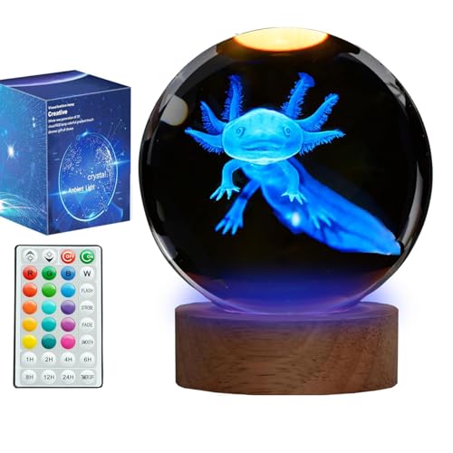 Axolotl Nachtlicht Axolotl Geschenke 3D K9 Kristall (80 mm) Kugel Axolotl Lampe mit Fernbedienung 16 RGB Farben Timer für Geburtstag Weihnachten Geschenk für Jungen und Mädchen