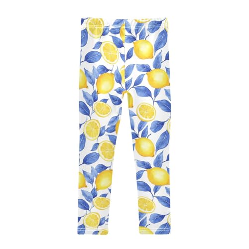 Wusikd Lemon Blue Leaves Girls' Leggings Toddler Doodles Yellow Kids Yoga Pants Dance Active Tights 4T2