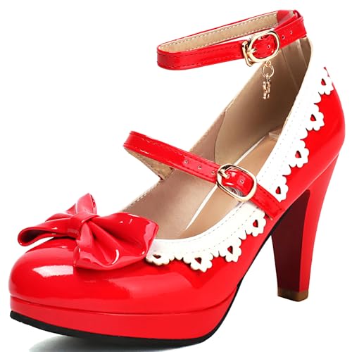 LUXMAX Women's Rockabilly Shoes Chunky High Heels Mary Janes Cute Bow Shoes Patent Leather Ankle Strap Pumps Kawaii Heels 1950s Cosplay Shoes