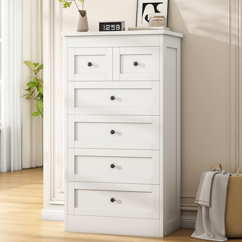 wanan Tall 6 Drawer Dresser for Bedroom, White Modern 43.3'' Tall Wood Chest of Drawers, Storage Organizer with Smooth Metal Rails & Anti-Tip Kit for Closet, Hallway, Living Room