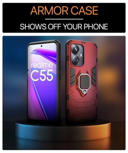 Image of WOW IMAGINE Shock Proof Back Case Mobile Cover for Realme C55 | Realme Narzo N55 | Back Cover Case (Tough Armor | Hybrid PC + TPU | Ring Holder & in-Built Kickstand | Red)