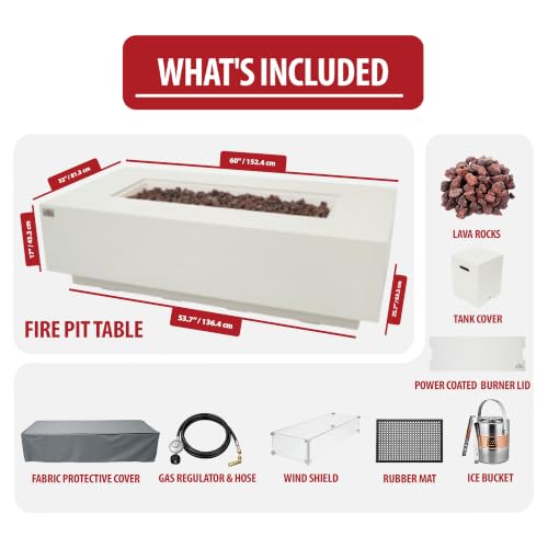 Image of AMS Creations | Madison 60 inch Bundle Rectangular Propane Gas Outdoor Fire Pit Table | Cream White Concrete GFRC | Smooth Texture or Surface | Electronic Ignition | Outside Backyard Fireplace