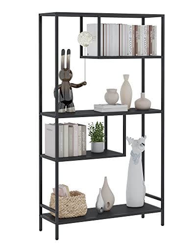 Yusong Black Bookshelf, Industrial Bookcase Open Storage Shelves With Metal Frame, Freestanding Display Rack Tall Shelving Unit For Living Room, Bedroom, Office, Black #TOP7