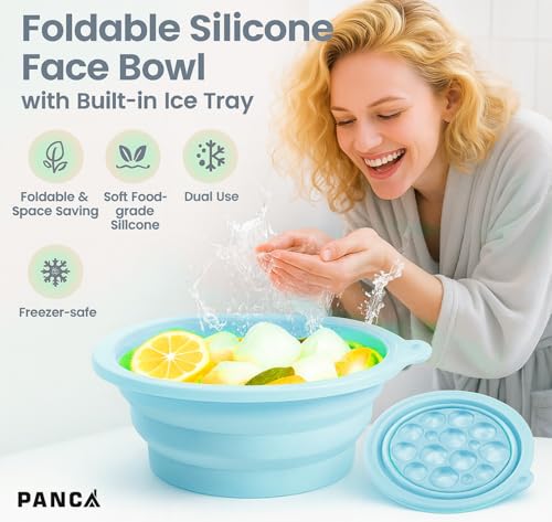 Image of PANCA Foldable Silicone Face Bowl with Built-in Ice Tray | Portable Ice Facial Bowl for Home Ice Baths & Skin Therapy (Blue)