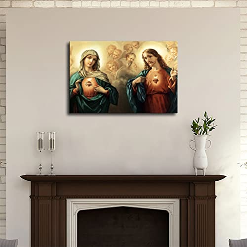 Sacred Heart Of Jesus And Immaculate Conception Canvas Posters Modern Prints Paintings Canvas Wall Art For Home Kitchen Living Room Bedroom Decor (Framed,24X36Inch) #TOP1