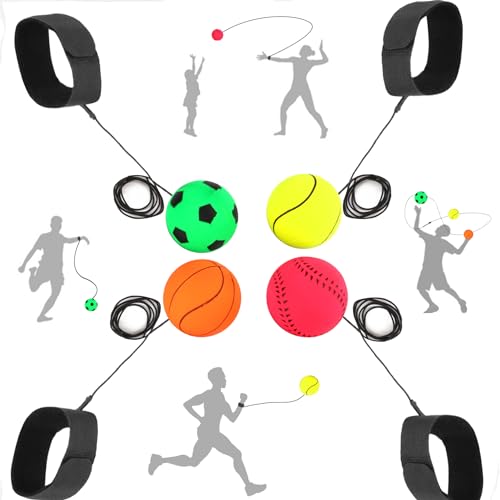 Springball mit Schnur - Sport Handgelenk Return Set, Ø 6cm, 4 Stücke Armband Spielzeug für Kinder und Erwachsene, Fußball/Basketball/Softball/Baseball (Mehrfarbig)