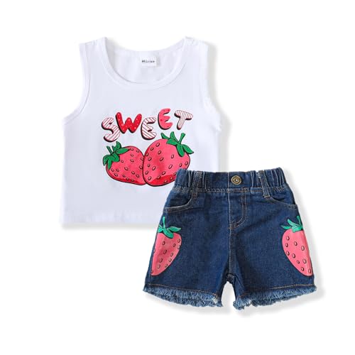 Image of Mikrdoo Baby Girl Clothes Toddler Girl Summer Outfits Shirts Tops Ripped Denim Shorts Set Little Girl Clothes