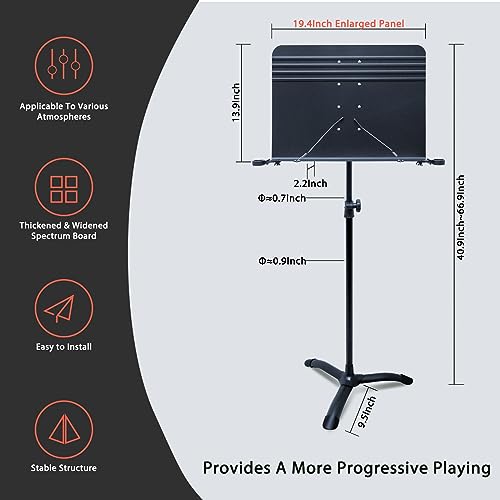 RANMING Music Stand Heavy Duty Music Stand Dual-Use Folding Sheet Music Stand Adjustable Music Note Stand with Microphone Holder Conductor\'s Sheet Music Stand for Violin,Orchestra (Black Blue) - Thumbnail 2