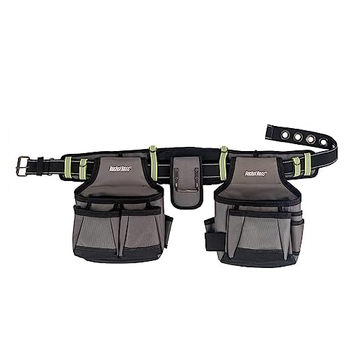 Bucket Boss 2 Tool Bag Tool Belt, Made from Durable Fabric, with High-Visibility Retro-Reflective Safety Strips, Barrel-Bottom Super Capacity Pouches & Speed Square Pocket,Grey,55105-HV,Size 52