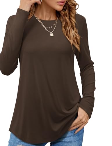 Beluring Damen Shirt Langarm Oberteile Basic Rundhalsausschnitt Longshirt Bluse Tops Braun S