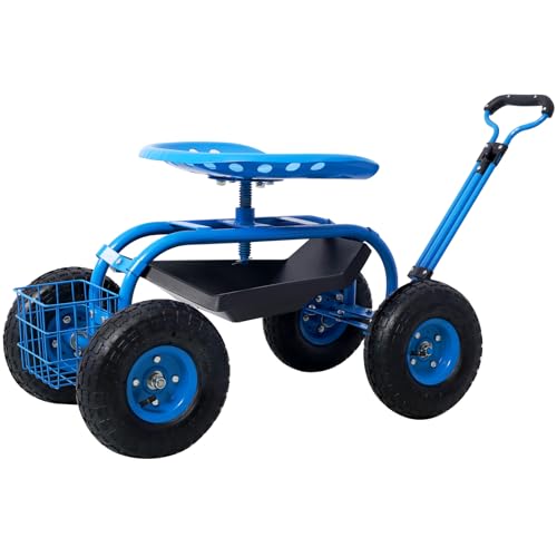 Carrito de Jardín Scooter con Asiento Giratorio 360°, Estructura de Acero Resistente, Taburete Rodante con 4 Ruedas, Asa Ajustable y Bandeja de Almacenamiento, para Trabajo en el Jardín (Azul) miniatura 2