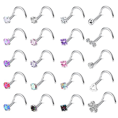 Adramata 20 Piezas 20G Anillos Nariz de Acero Inoxidable,Diamond Opal CZ Nostril Piercing Joyas para Mujeres Hombres, Tornillo/Recto/Forma de L Nariz Studs Multicolor,S